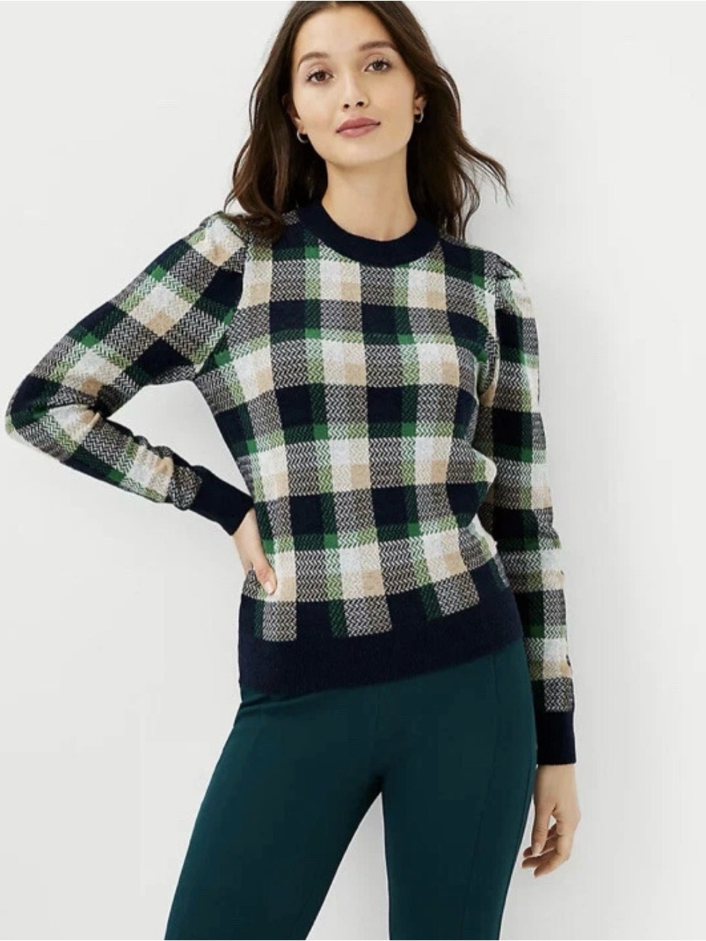 Ann Taylor NWT Plaid Puff Sleeve Sweater Navy Blue Size XS Petite Holiday